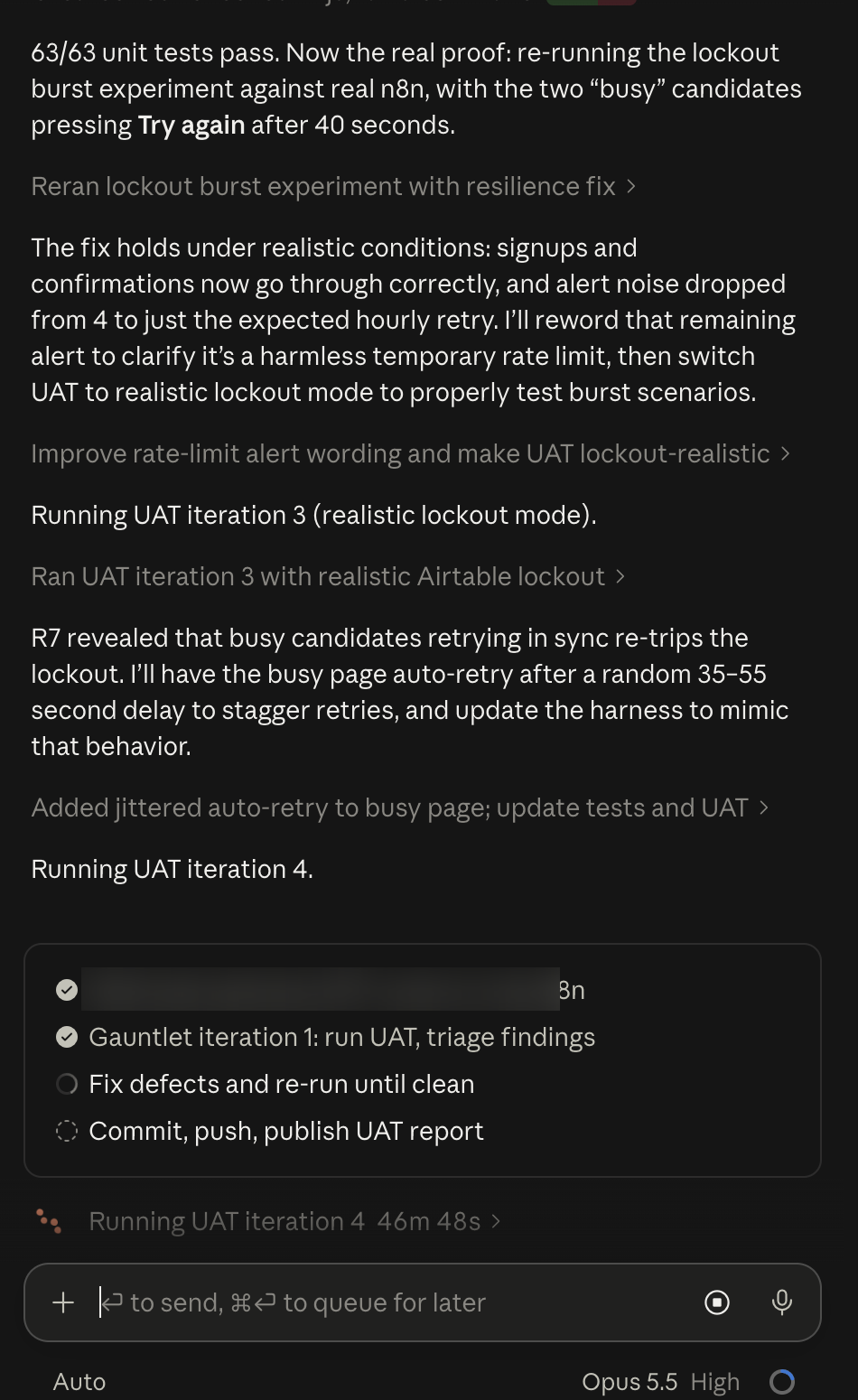 Screenshot of the Claude Code session showing UAT iterations 3 and 4 and the four-step plan (client name blurred)